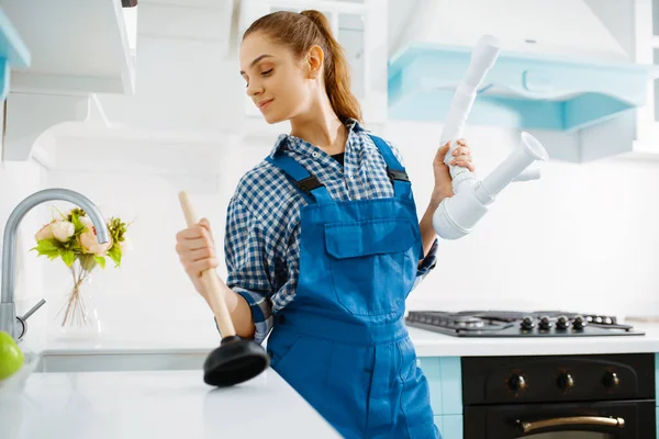 Cute Female Plumber Uniform Holds Plunger Pipe Clog Kitchen Handywoman — Stock Photo, Image