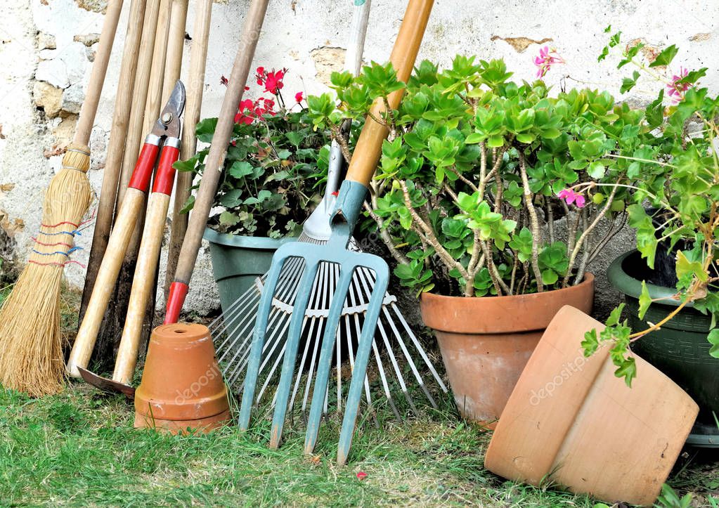 gardening tools and flowerpots