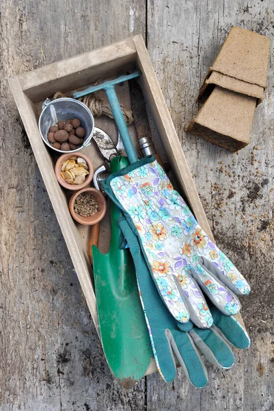 Handskar och trädgårdsredskap — Stockfoto