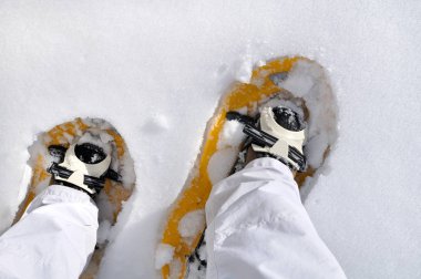 uzun yürüyüşe çıkan kimse kar ayakkabıları ile 