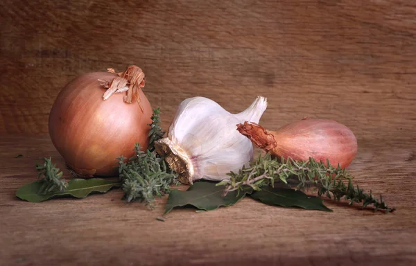 Cipolle, scalogno, aglio ed erbe aromatiche — Foto Stock