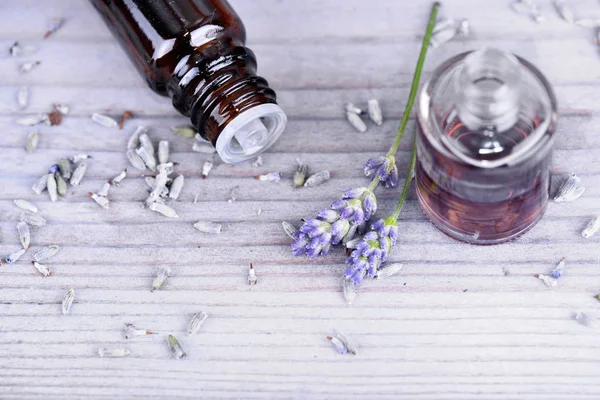 Olio essenziale di lavanda in bottiglia e fiori secchi — Foto Stock