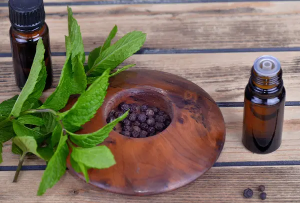Minyak esensial dari peppermint dalam botol dan daun segar dan melihat — Stok Foto