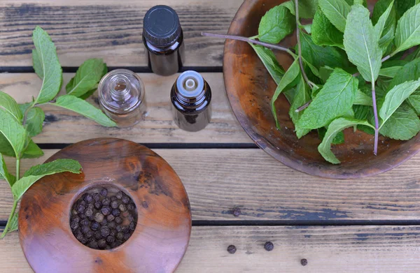 Essential oil from peppermint in bottle and fresh leaf of mint with pepper in bowl — Stock Photo, Image