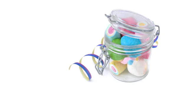 Glass jar full of marshmallows on white background — Stock Photo, Image