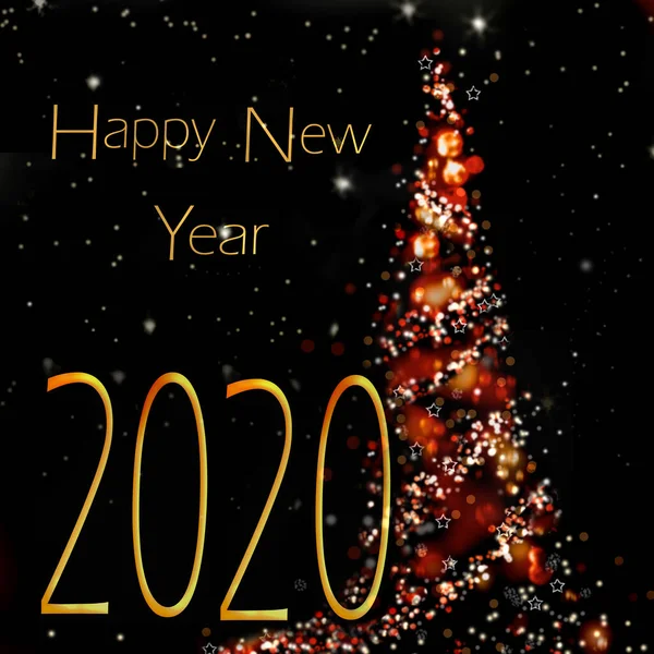 Felice anno nuovo 2020 scritto su albero di Natale astratto su sfondo nero — Foto Stock