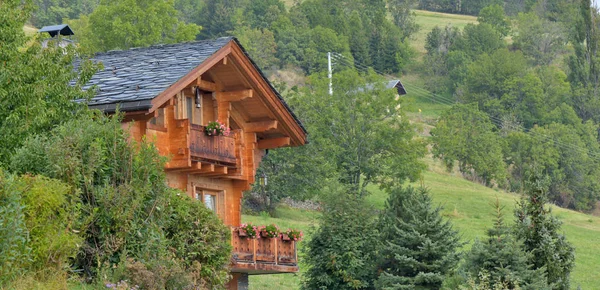 Casa de madeira na floresta alpina no verão — Fotografia de Stock