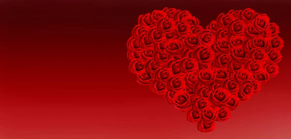 Hart gevormd met rode rozen op rode achtergrond met kopieerruimte aan de rechterkant — Stockfoto