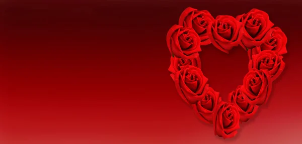 Crown of heart-shaped red roses red on panoramic view red background — 스톡 사진