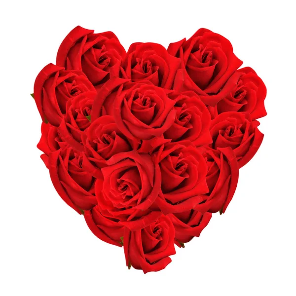 Kalp, beyaz arkaplanda izole edilmiş kırmızı güllerle oluşmuştur. — Stok fotoğraf