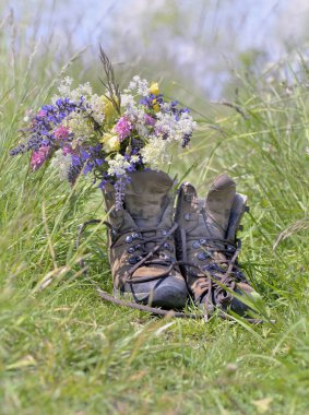 Çayırdaki çimlerin üzerinde bir buket yabani çiçekle eski yürüyüş ayakkabıları. 