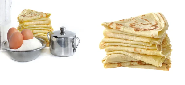 Stack of homemade french pancakes and ingredient on white background — Stock Photo, Image