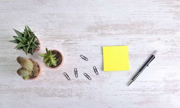 Vista superior sobre papel amarillo junto a un bolígrafo y clip de papel con cactus en maceta —  Fotos de Stock