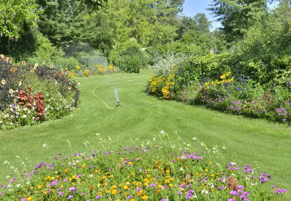 Spreakler Vattna Gräsmattan Lanscaped Park Sommaren — Stockfoto