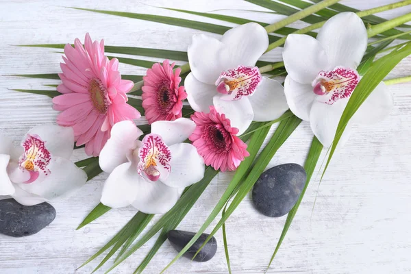 白いテーブルの上の葉と小石に白い蘭とピンクのデイジーの美しい花束背景 — ストック写真