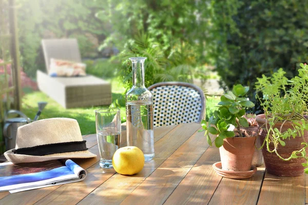 Κοντά Ποτήρι Ποτό Και Μήλο Ξύλινο Τραπέζι Στον Κήπο Καλοκαίρι Εικόνα Αρχείου