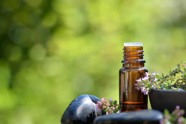 Бутылка Эфирного Масла Цветы Ароматной Травы Галька Зеленом Фоне — стоковое фото