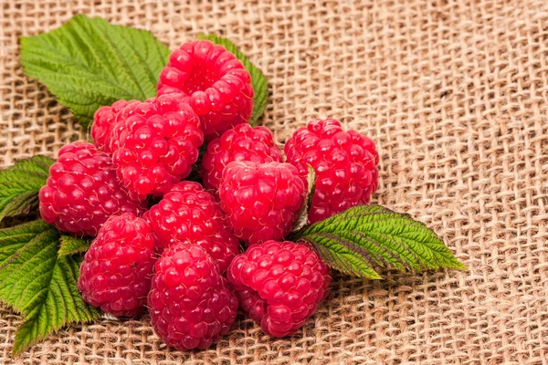 Zoete raspberry framboos en jute doek — Stockfoto