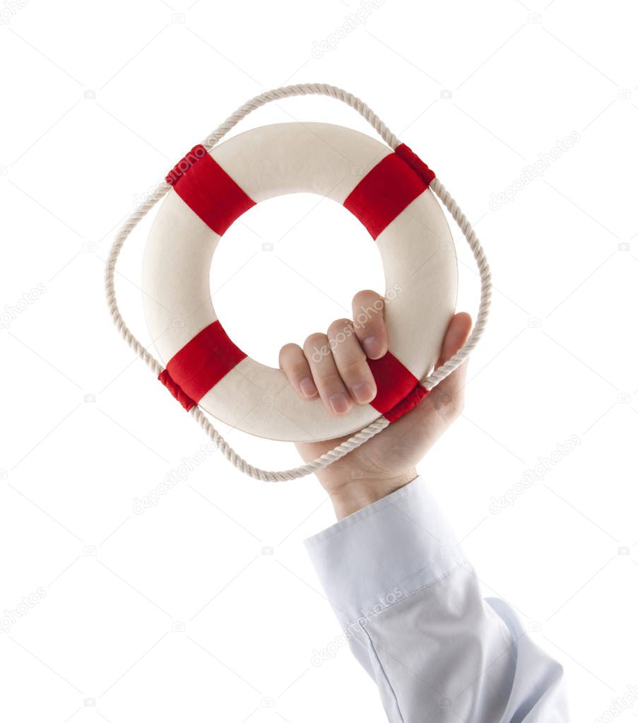 Hand holding a lifebuoy isolated on white with clipping path 