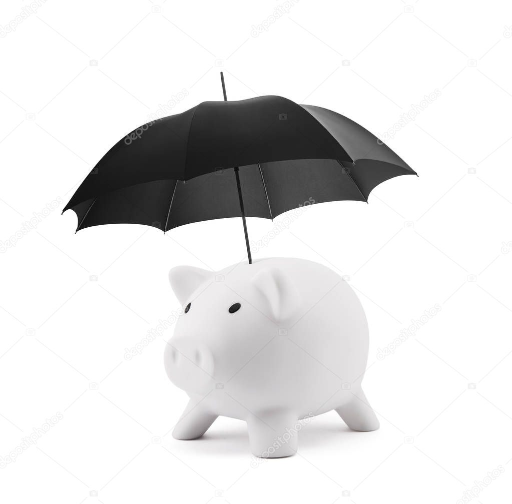 Financial insurance. White piggy bank with umbrella 