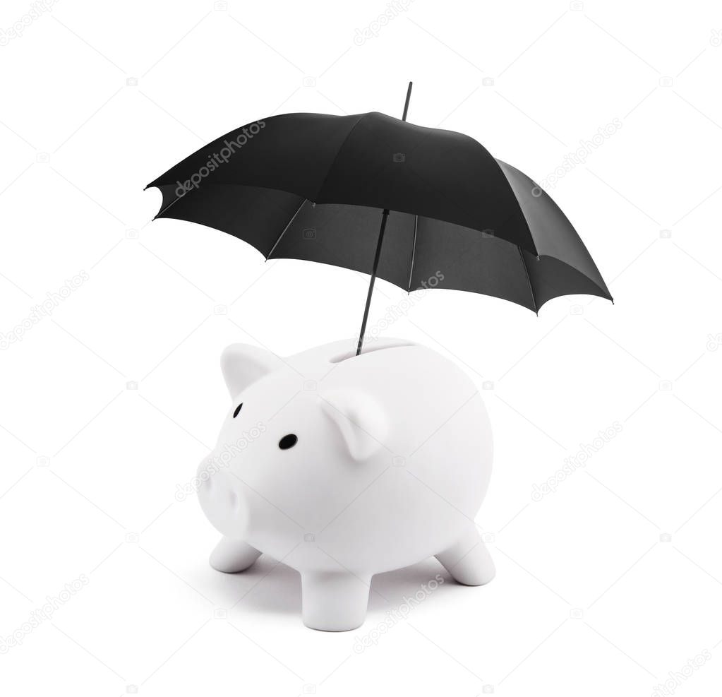 Financial insurance. White piggy bank with umbrella 