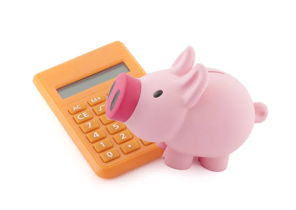 Piggy bank met oranje calculator — Stockfoto