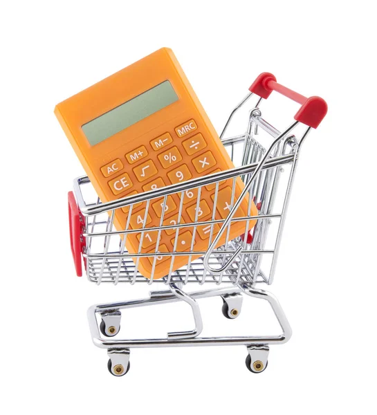 白い背景に分離されたオレンジ色の電卓とショッピング カート — ストック写真
