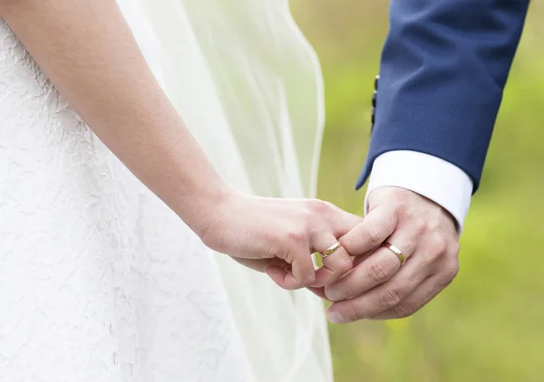 Hochzeitspaar hält Händchen — Stockfoto