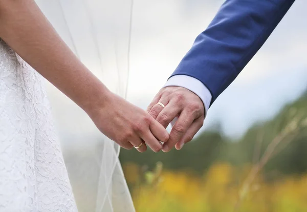 Hochzeitspaar hält Händchen — Stockfoto