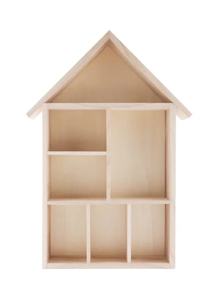 Mały drewniany dom w kształcie półki na białym tle — Zdjęcie stockowe