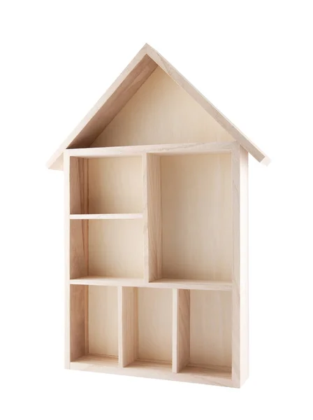 Pequeño estante en forma de casa de madera aislado en blanco — Foto de Stock