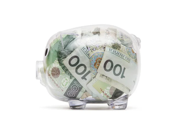 透明的小猪银行与波兰的钱 包含的剪切路径 — 图库照片