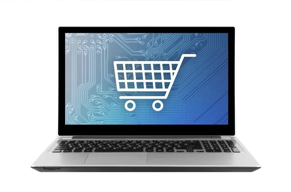 Shopping Cart Graphic Laptop Isolated White Background Clipping Path — Stock Photo, Image