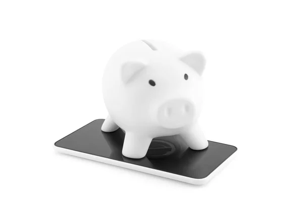 White Piggy Bank Mobile Phone White Background — Stock Photo, Image