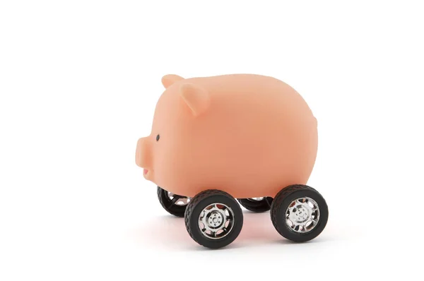 Piggy Bank Wheels Isolated White Clipping Path — Stock Photo, Image