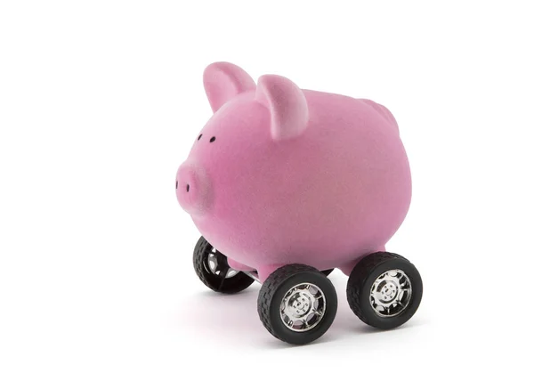 Piggy Bank Wheels Isolated White Clipping Path — Stock Photo, Image