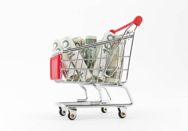 Beyaz arka plan üzerinde Lehçe parayla alışveriş sepeti 