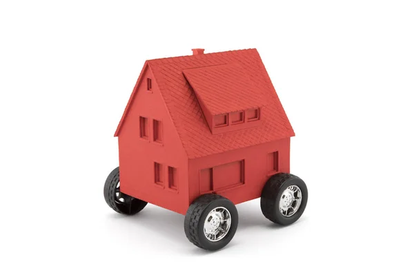 Red House Wheels Isolated White Clipping Path — Stock Photo, Image