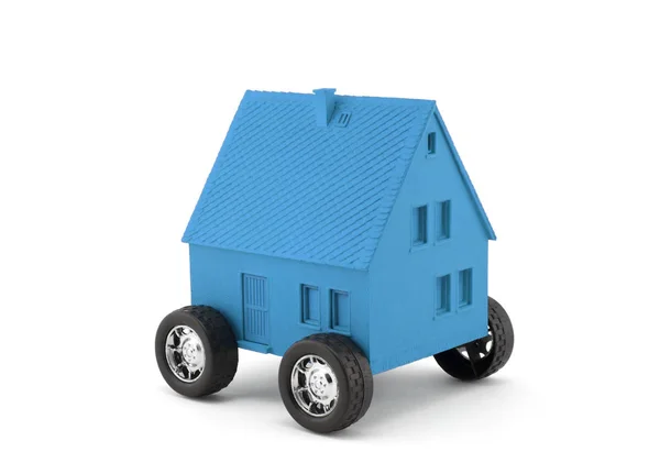 Blue House Wheels Isolated White Clipping Path — Stock Photo, Image