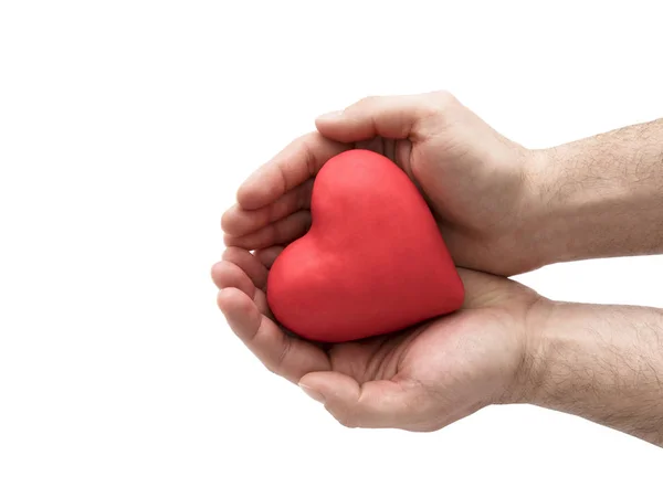 红色的心在人的手中 健康保险或爱情概念 — 图库照片