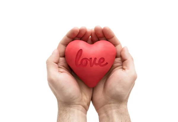 Червоне Серце Відбитим Любовним Словом Руках Людини — стокове фото