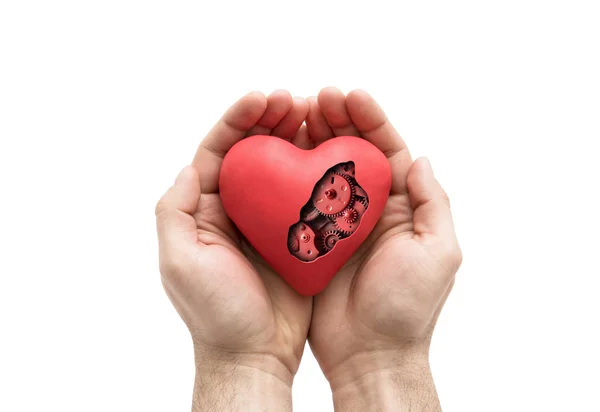 Red Mechanical Heart Hands Isolated White Clipping Path — Stock Photo, Image