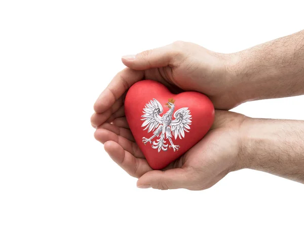 Manos Que Cubren Escudo Armas Polaco Sobre Corazón Rojo Aislado —  Fotos de Stock