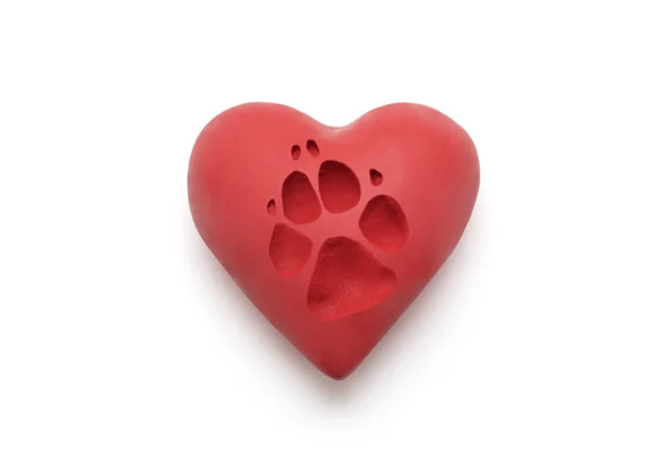 Red Heart Dog Paw Print White Background Clipping Path — Stock Photo, Image