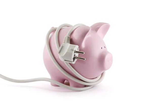 Energy Savings Concept Piggy Bank Power Plug Clipping Path Included — Stock Photo, Image