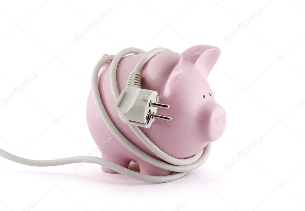 Energy Savings concept. Piggy bank with power plug. Clipping path included. 