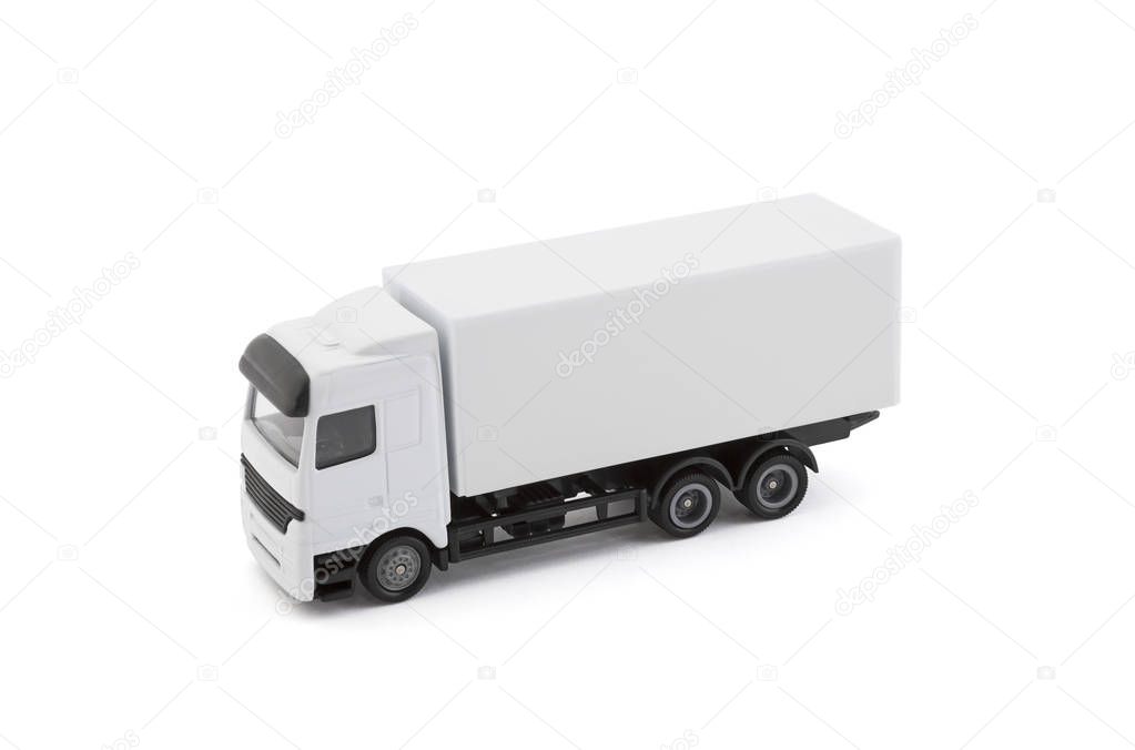 White cargo delivery truck miniature isolated on white background with clipping path