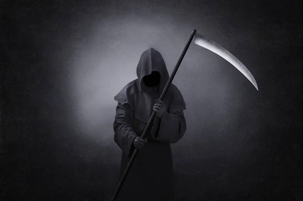 Grim Reaper Avec Faux Dans Noir — Photo