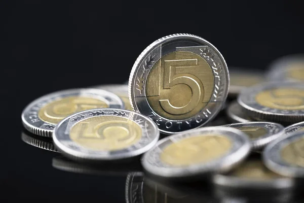 Πολωνικά Κέρματα Μακροεντολή Τραβηγμένα Πάνω Από Μαύρο Φόντο — Φωτογραφία Αρχείου