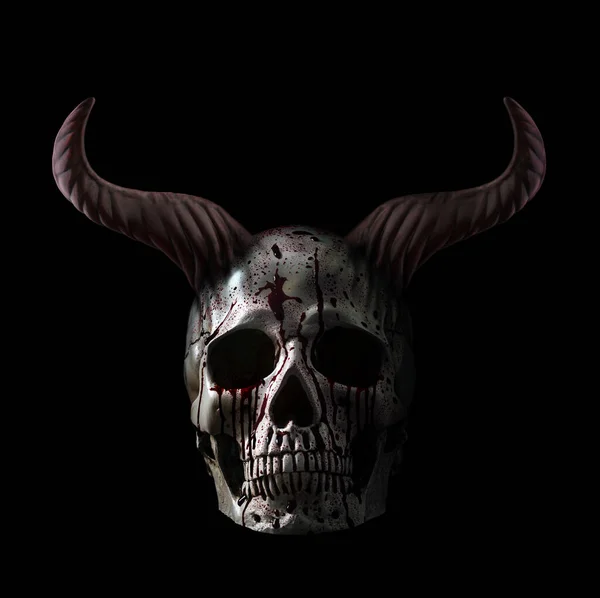 Human Skull Blood Horns Isolated Black Background — 스톡 사진